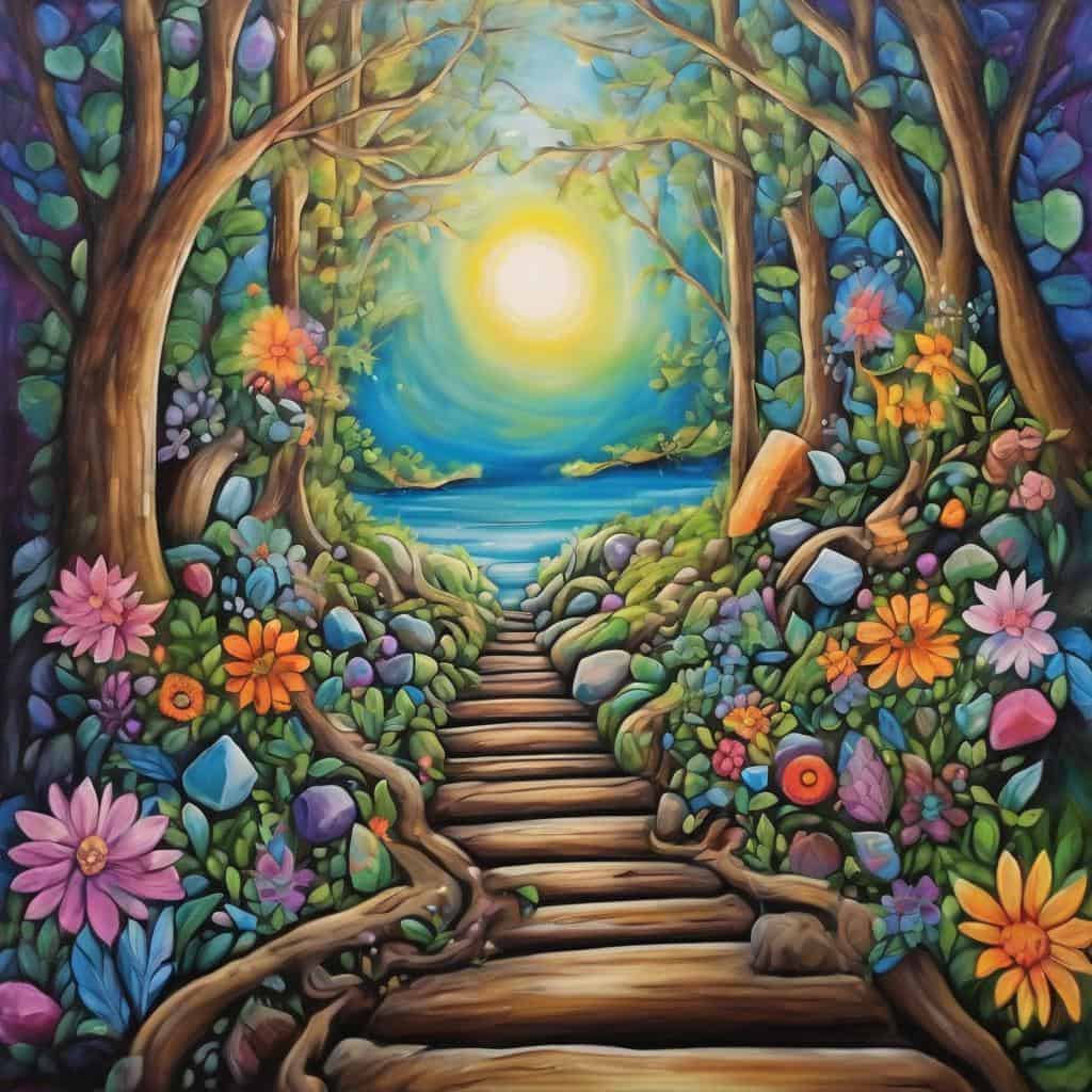 Λιδιαστικό μονοπάτι μέσα σε καταπράσινο δάσος με πολύχρωμα λουλούδια και φωτεινό ήλιο, προωθώντας την ευτυχία και την πρόοδο.