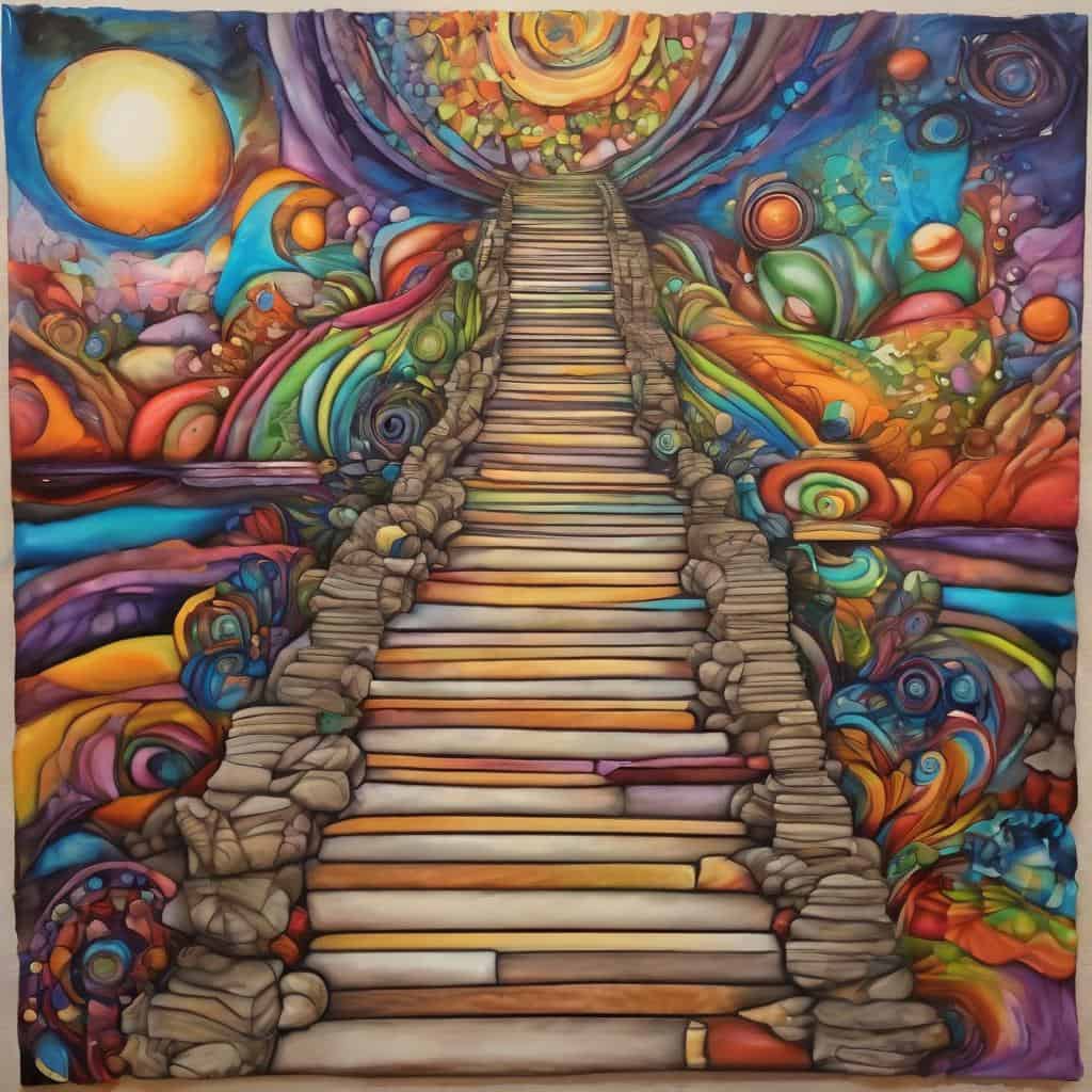 Λάμπρη, πολύχρωμο μονοπάτι, άνοδος, πρόοδος, χαρά, ψυχεδεικό, αφηρημένο, τέχνη, αισιοδοξία, ευημερία, δημιουργικότητα, ζωτικότητα, ευτυχία, όνειρα, εμπνευσμένη τέχνη, θετική ενέργεια.