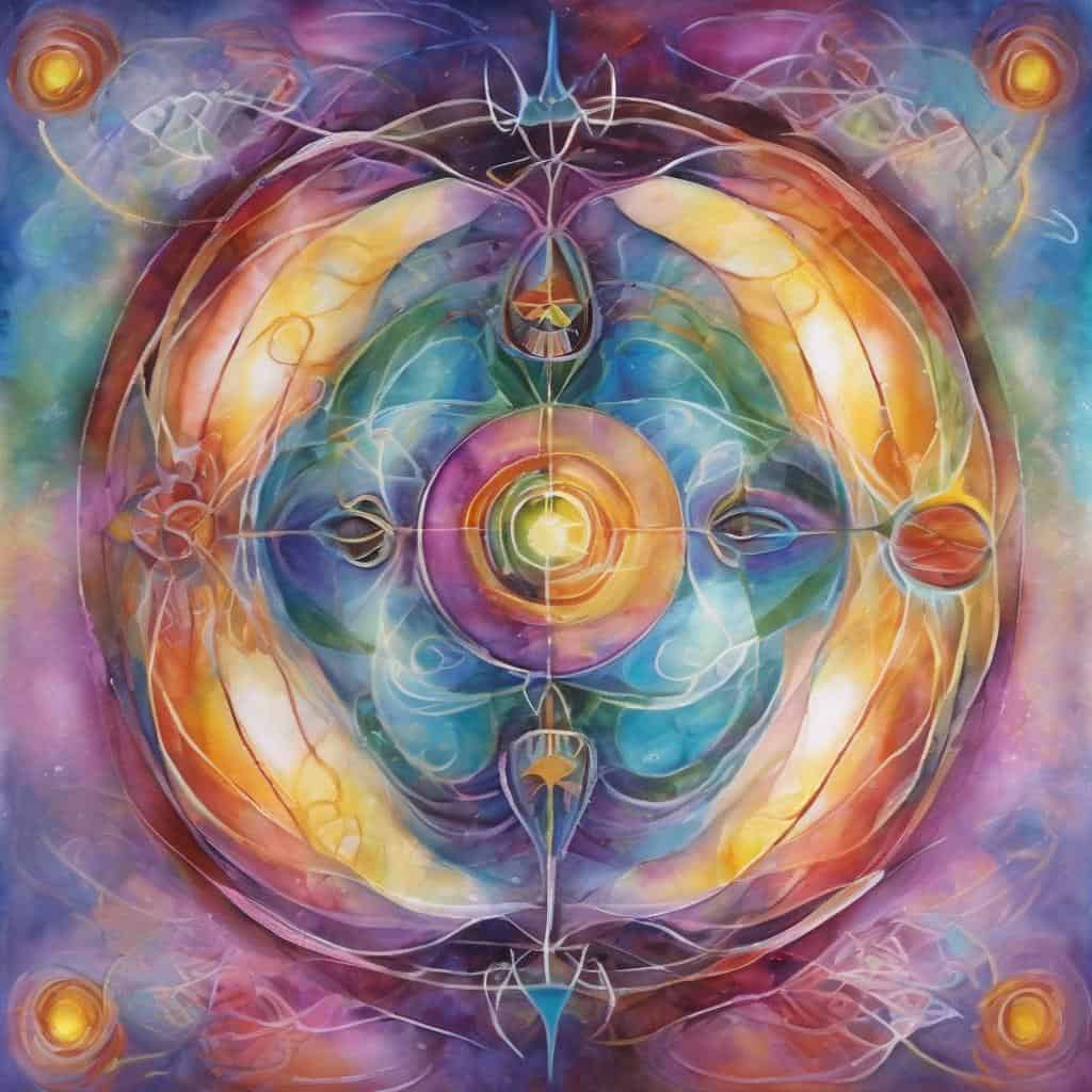 Πνευματική διαλογική τέχνη με πολύχρωμα μοτίβα και ενέργεια, σύμβολα φέρνουν χαρά και πρόοδο.