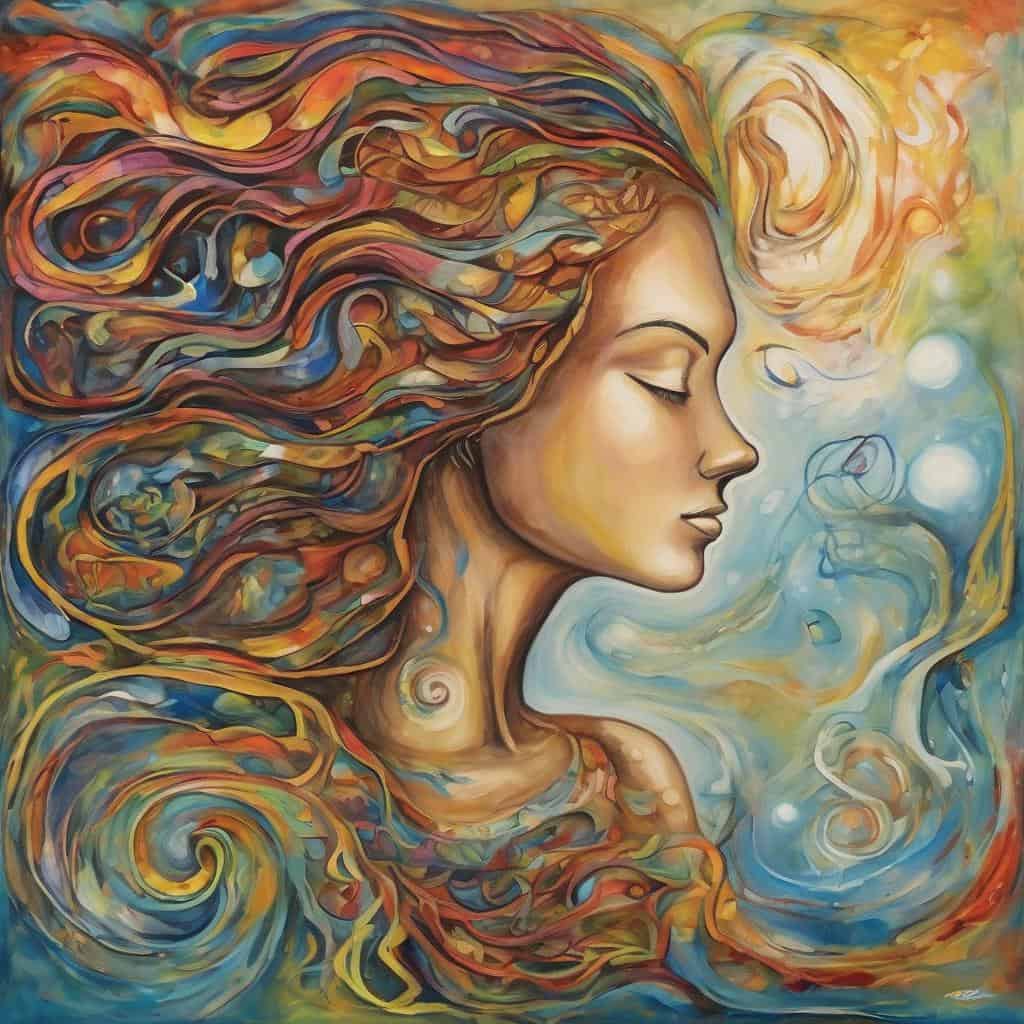 Ζωγραφιά με γυναίκα και πολύχρωμα μαλλιά, αφηρημένο και χαρούμενο έργο τέχνης, έμπνευση και δημιουργικότητα.