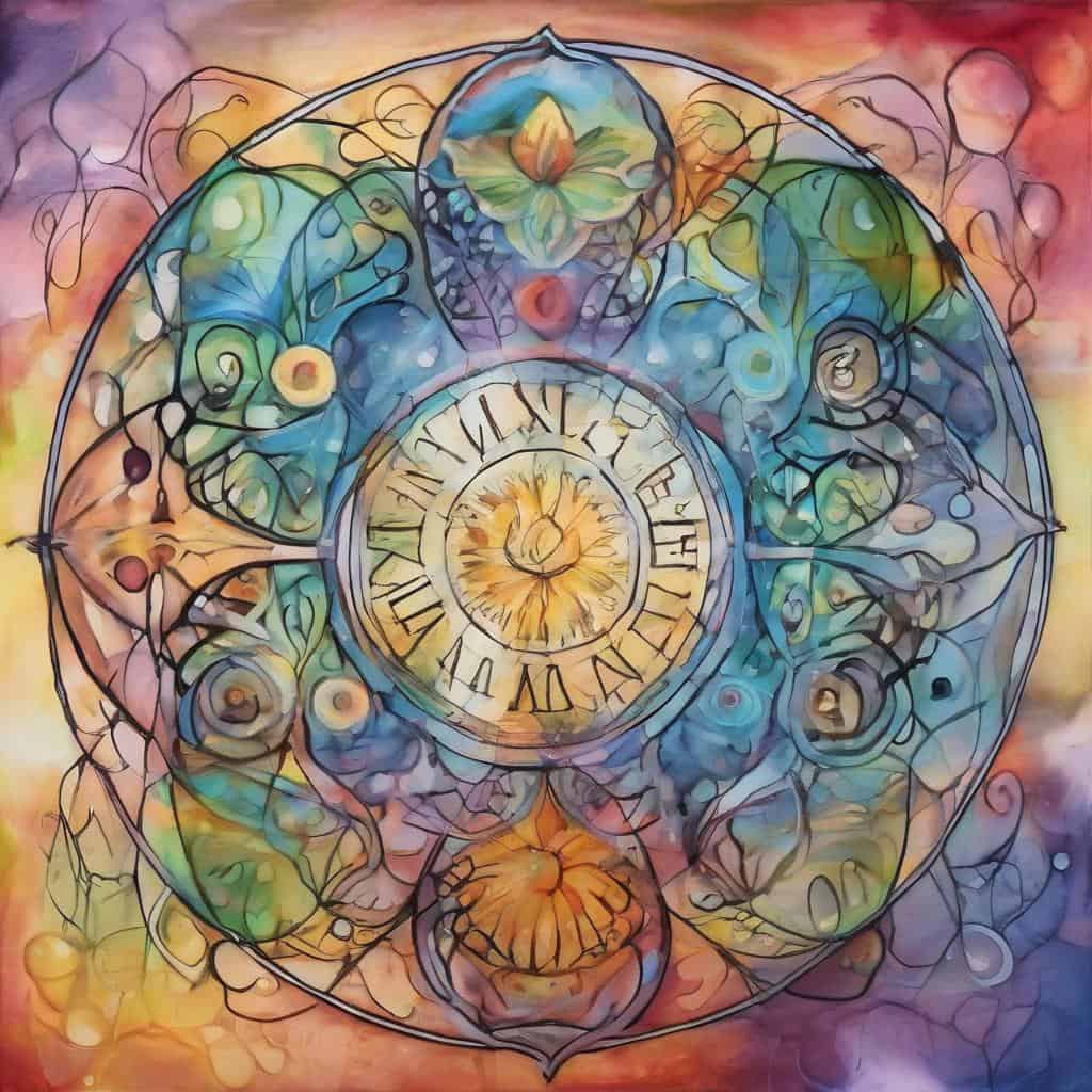 Χρόνος και πρόοδος μέσα από πολύχρωμο abstract έργο τέχνης με ρολόι και σύμβολα ρυθμού.