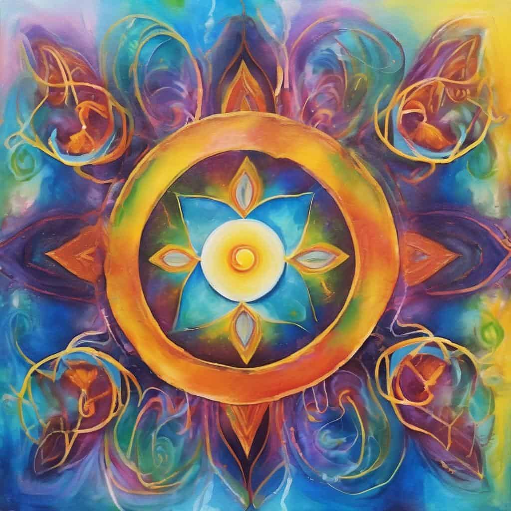 Ζωγραφιά με πολύχρωμη θετική ενέργεια και φωτεινή μαγεία, ιδανική για ευτυχία και ανάπτυξη.