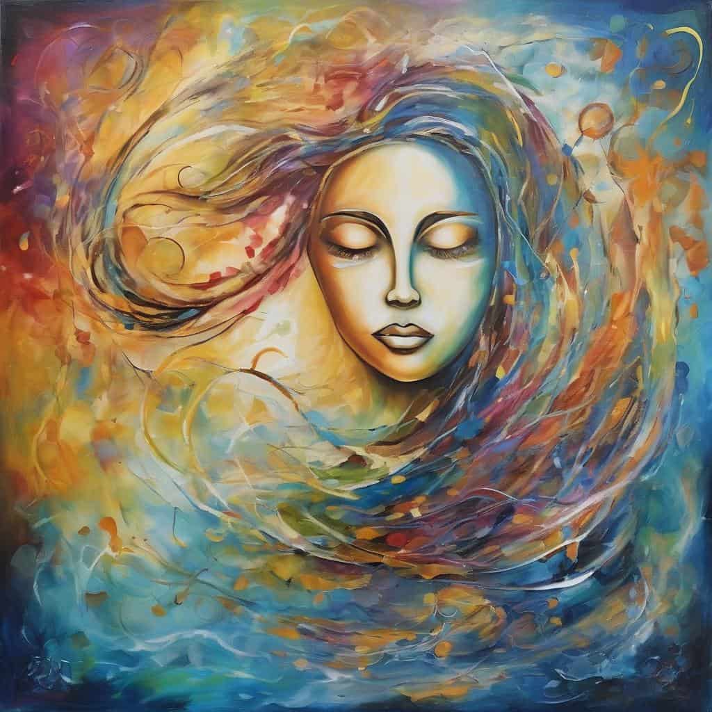 Αγγελικά χρώματα και χαρούμενη έκφραση σε αφηρημένο πορτραίτο γυναικείας φιγούρας.